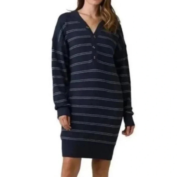 prAna Women's Navy Blue Nautical Stripe Milani Henley Sweater Knit Dress S M - Picture 2 of 8